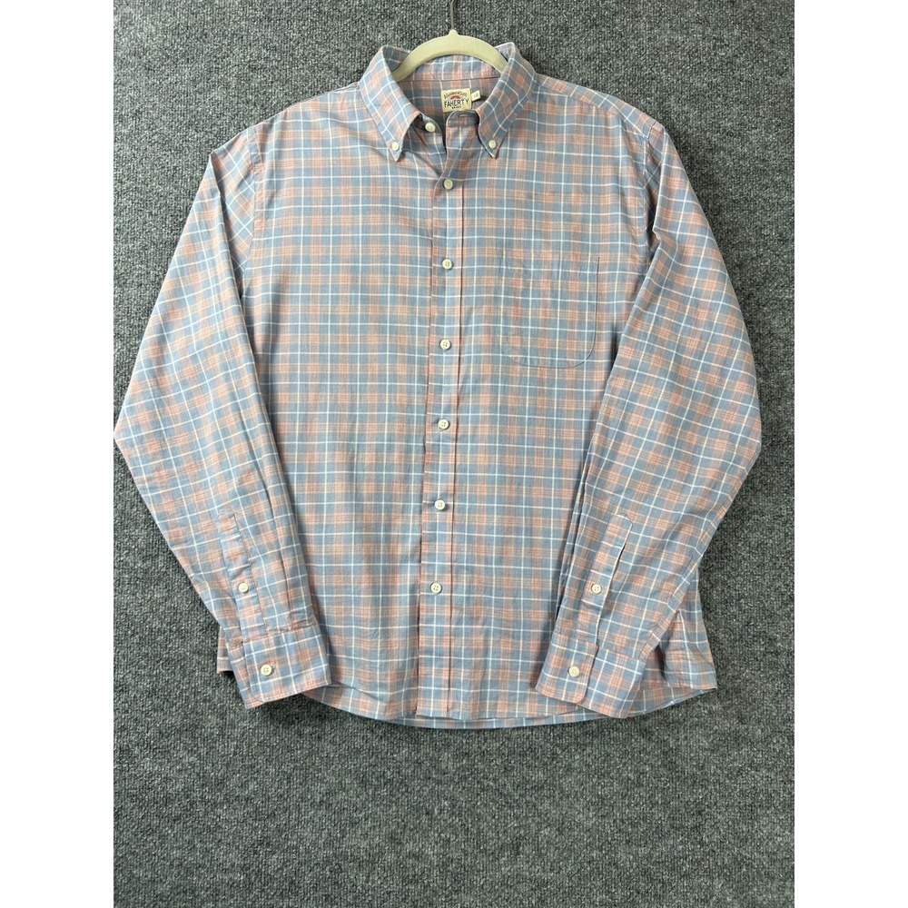 Faherty Brand Shirt Mens Large Blue Orange Plaid Stretch Cotton Button Down